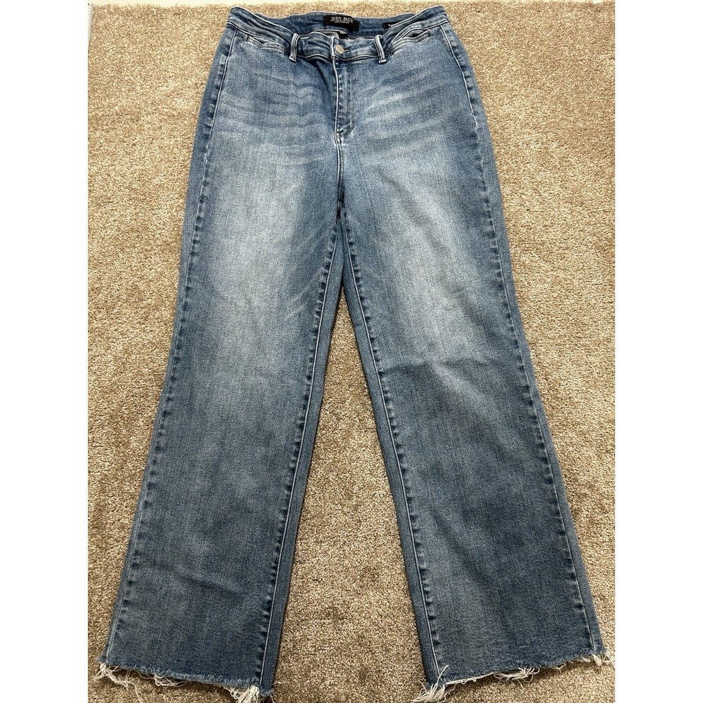 Judy Blue Wide Leg High Rise Raw Hem Jeans Medium Wash Blue JB88685 Size 15/32